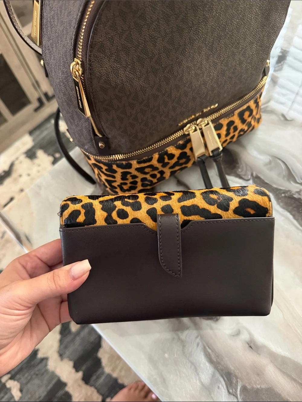Michael Kors Brown Backpack with Leopard-Print Wallet